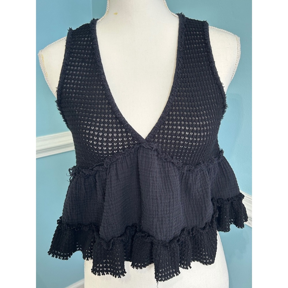 Altar'd State Black Ruffle Peplum Knit Boho Sleeveless V-Neck Top Small